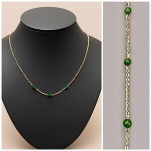 Vintage 12K Gold Filled Jade Green Glass Bead Necklace Delicate Chain Minimalist